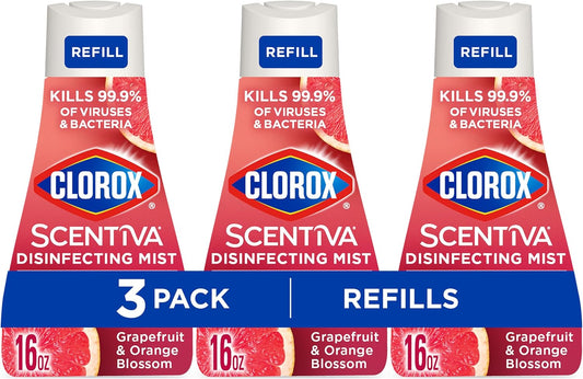 Clorox Scentiva Disinfecting Mist, Grapefruit and Orange Blossom, Refill, 16 Fl Oz Each, Pack of 3