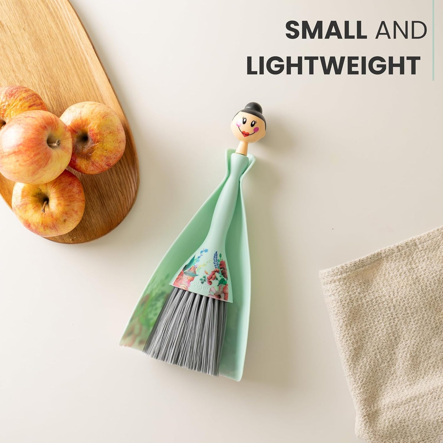 Vigar Mini Broom and Dustpan Set - Small Broom and Dustpan, Hand Broom for Desk, Kitchen, Car, Crumb Brush for Dust & Pet Hair, Decorative Doll Design, Portable Dust Pan Brush for Indoor - Turquoise