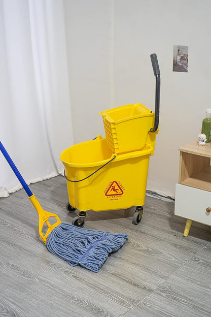 Matthew Cleaning 34 Quart Commercial Mop Bucket INCL.Wet String Mop with Side Press Wringer On Wheels,Heavy Duty Tandem Portable Floor Cleaning Wavebrake,Ideal for Household,Industrial,Restaurant