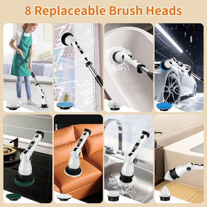 Electric Spin Scrubber with 8 Replaceable Brush Heads 6 Adjustable Angle Waterproof LED Display Cordless Cleaning Brush Supplies Bathroom Cleaner Set Long Handle Power Scrubber for Shower Floor Tub