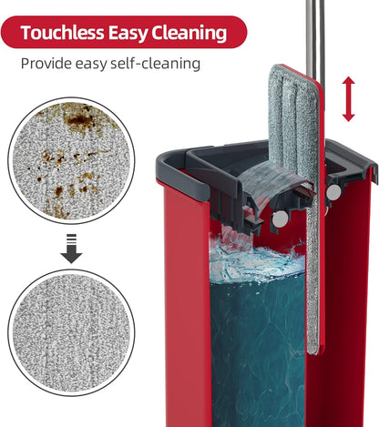 BOSHENG Mop and Bucket with Wringer Set, Flat Floor Mop and Bucket, with 3 Microfiber Mops for Floor Cleaning, Wet and Dry Use for Household Cleaning - White