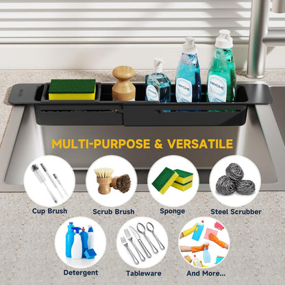 NiHome Extendable Over Sink Kitchen Organizer, Small Telescopic Brush Storage Rack for Sponge, Non-Slip Pads Expandable Sink Caddy, Adjustable Sponge/Brush Rack with Drainage Durable ABS (Black)