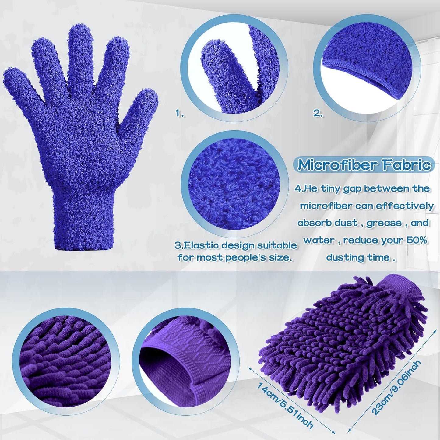 Potchen 6 Pcs Microfiber Dusting Mitt Gloves for Plants Washable Dusting Gloves for House Cleaning Furniture Car Washing