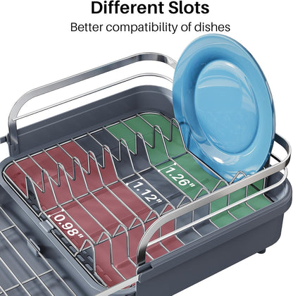 SNTD Dish Drying Rack, Expandable Dish Rack for Kitchen Counter, Stainless Steel Dish Drainer with Drainboard Set and Utensil Holder (Black)