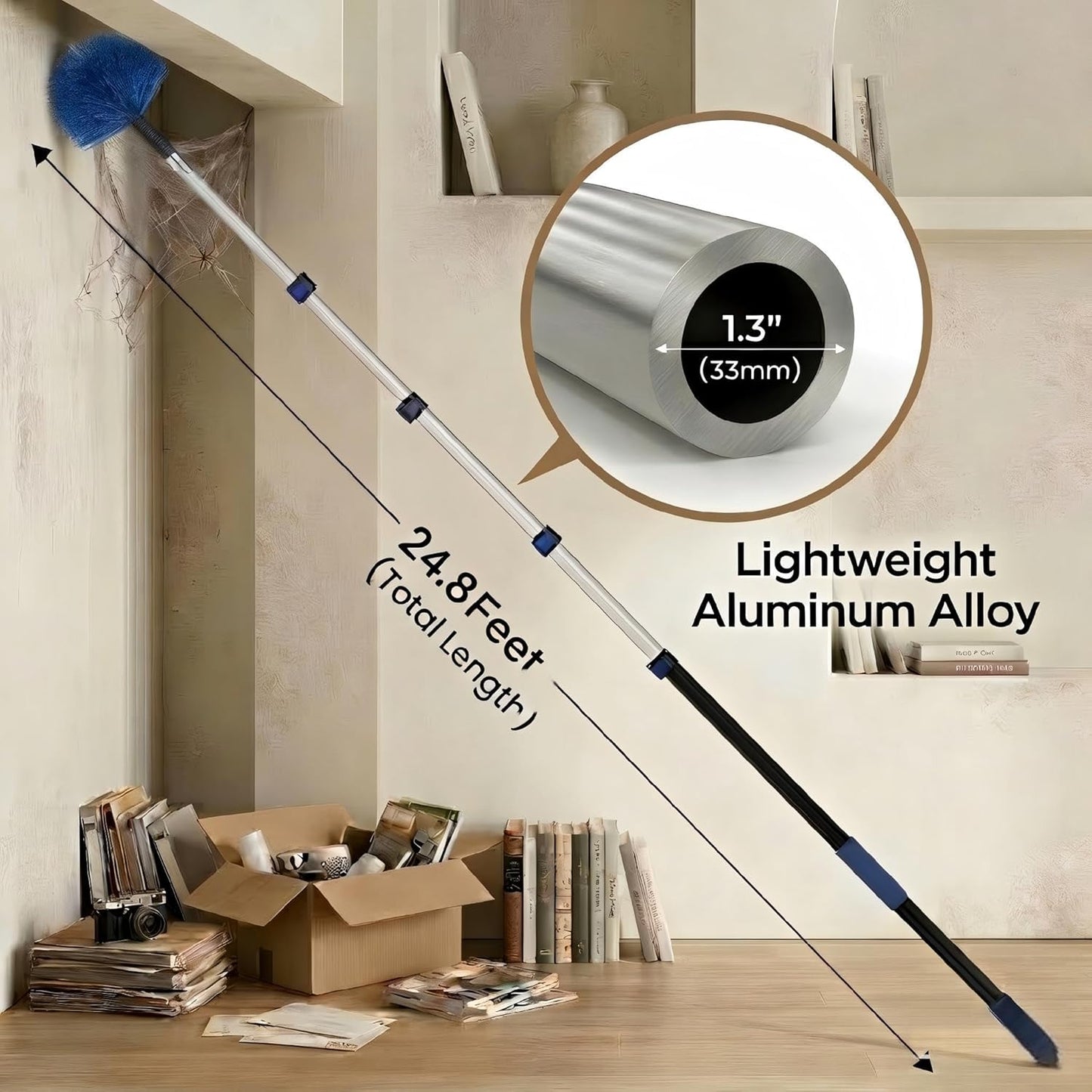 20ft High Ceiling Duster Kits with 5-12ft Heavy Duty Extension Pole - Fan Blade Cleaner, Cobweb Remover & Blue Window Squeegee Kit, Washable Dust Brush for High Roof and Glass Surfaces