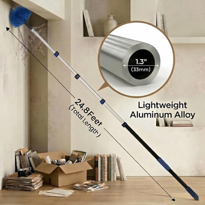 20ft High Ceiling Duster Kits with 5-12ft Heavy Duty Extension Pole - Fan Blade Cleaner, Cobweb Remover & Blue Window Squeegee Kit, Washable Dust Brush for High Roof and Glass Surfaces