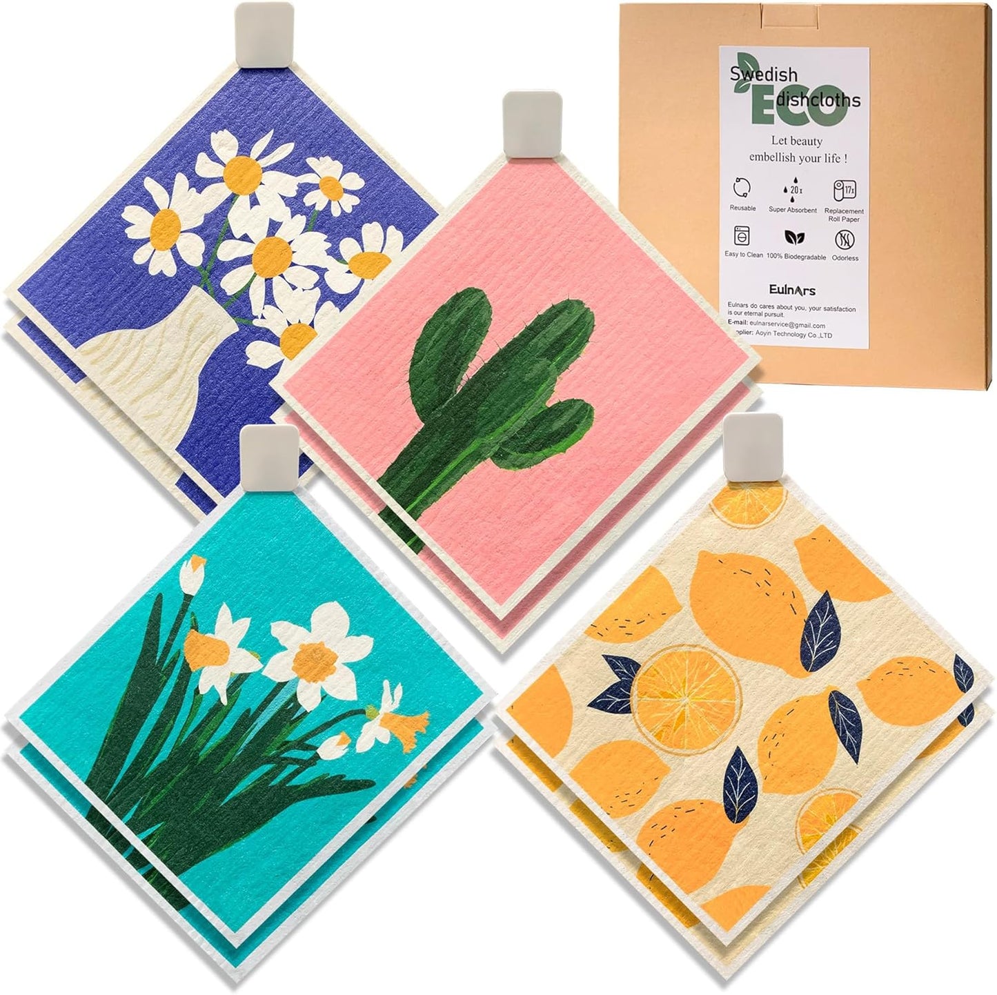 Eulnars Swedish Dishcloths for Kitchen, 8 Pack Reusable Paper Towels with Clips, Non-Scratch Swedish Kitchen Towels, Super Absorbent Cellulose Sponge Cloths, Dishwasher Safe, No Odor