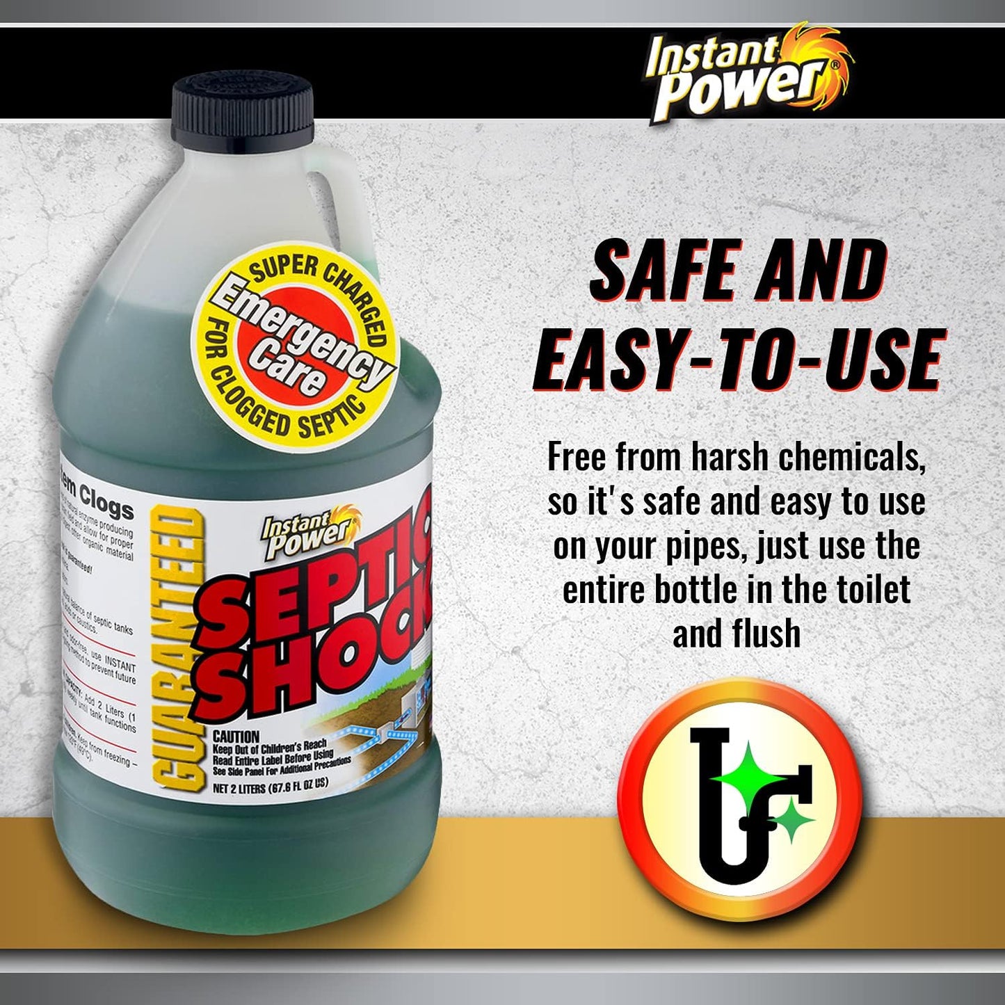 Instant Power Septic Shock - Septic Tank Treatment, Drain Cleaner Liquid Clog Remover for Septic Systems - 67.6 Fl Oz 1 Pack