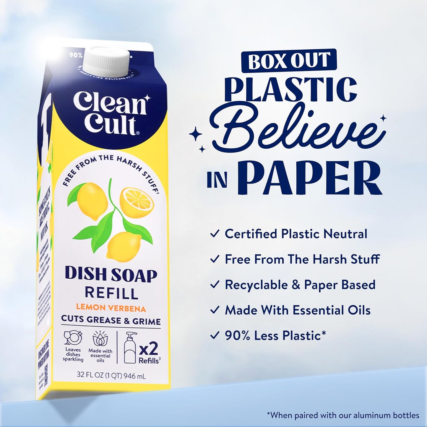 Cleancult Dish Soap Liquid Refill (32oz, 3 Pack) - Plant Based Cleaning Power - Dish Soap that Cuts Grease & Grime - Free of Harsh Chemicals - Uses 90% Less Plastic - Fresh Rain