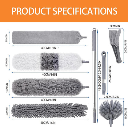 Microfiber Feather Duster Kit, 9PCS Dusters for Cleaning with 100-inch Extendable Pole, Bendable Reusable Washable Cobweb Duster for High Ceilings and Fans, Blinds, Cars and Furniture