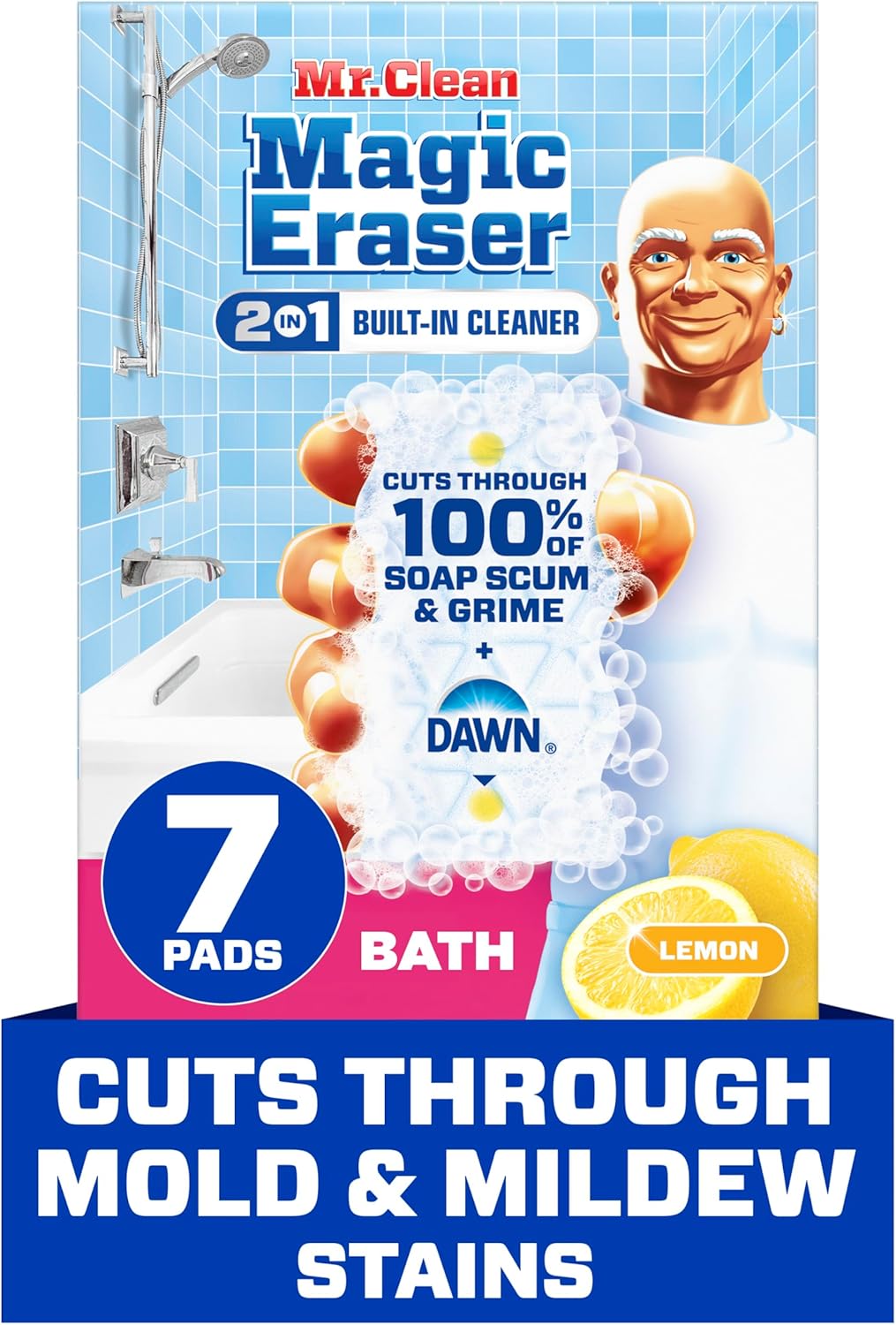 Mr. Clean Magic Eraser Sponge, Bathroom, Shower, Tub Cleaner, Soap Scum Remover, Bathroom Cleaning Supplies, Dawn Cleaning Power with Lemon Scent, Shower & Tub, 6ct