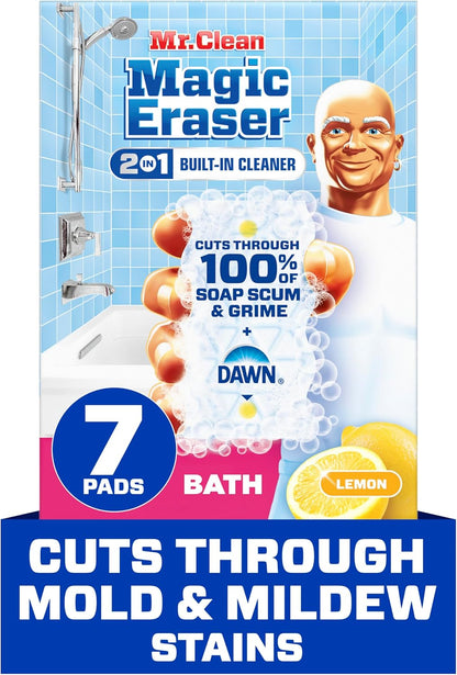 Mr. Clean Magic Eraser Sponge, Bathroom, Shower, Tub Cleaner, Soap Scum Remover, Bathroom Cleaning Supplies, Dawn Cleaning Power with Lemon Scent, Shower & Tub, 6ct