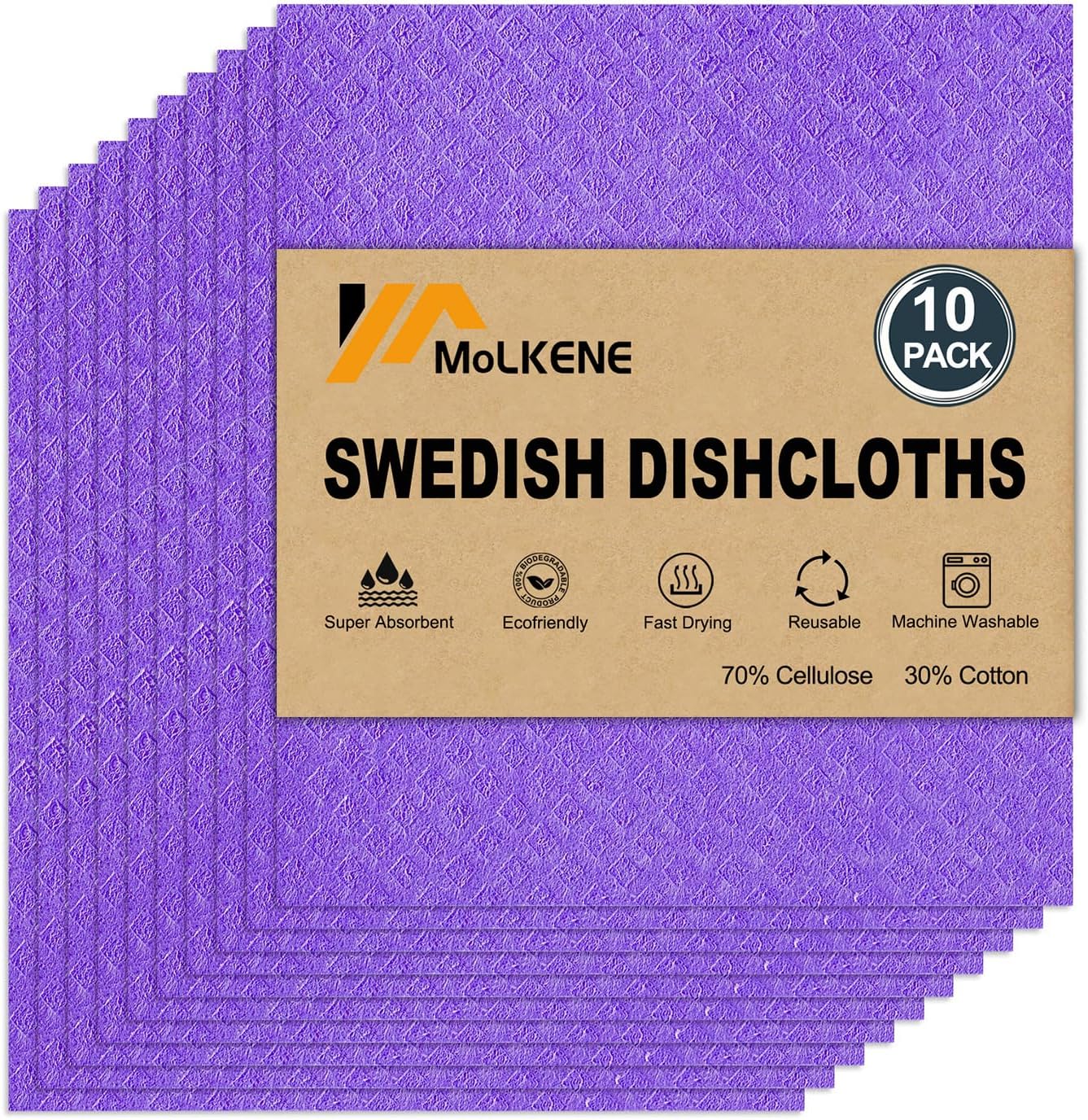 MoLKENE Swedish Dish Cloths - 10 Pack Reusable Kitchen Dishcloths - Ultra Absorbent Dish Towels for Washing Dishes - Cellulose Sponge Cloth Cleaning Rag - Assorted
