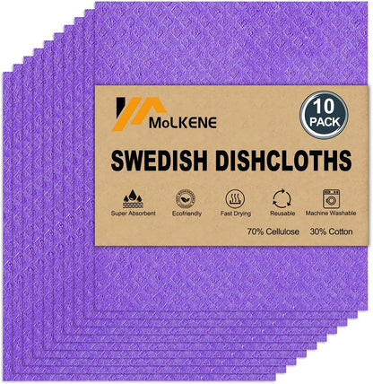 MoLKENE Swedish Dish Cloths - 10 Pack Reusable Kitchen Dishcloths - Ultra Absorbent Dish Towels for Washing Dishes - Cellulose Sponge Cloth Cleaning Rag - Assorted