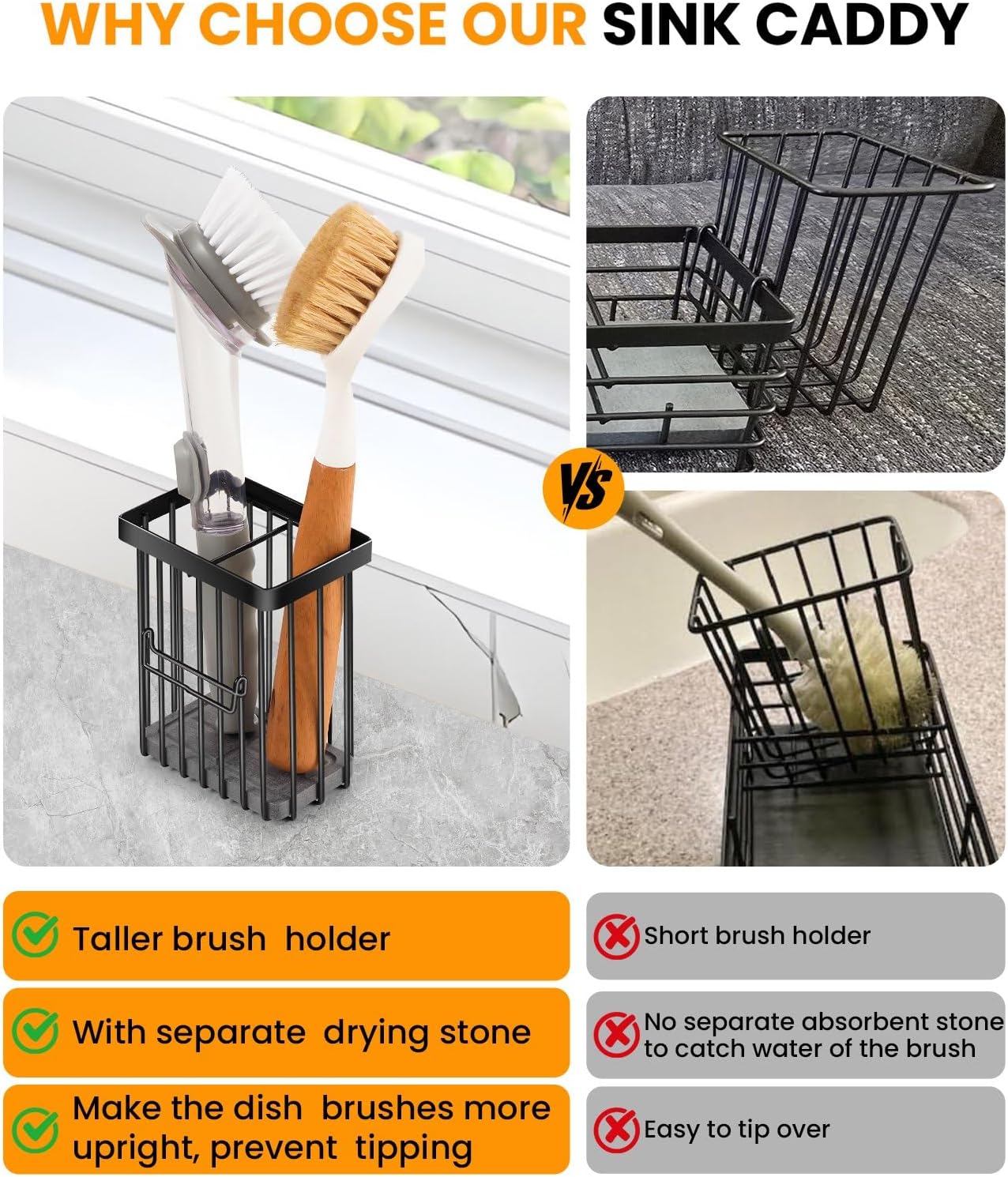 Kitchen Sink Caddy with Water Absorbent Diatomite Stone Sink Tray, Fast Drying Sink Organizer with High Dish Brush Holder Sponge Holder for Kitchen Sink, Stainless Steel