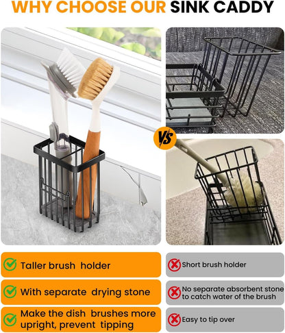 Kitchen Sink Caddy with Water Absorbent Diatomite Stone Sink Tray, Fast Drying Sink Organizer with High Dish Brush Holder Sponge Holder for Kitchen Sink, Stainless Steel