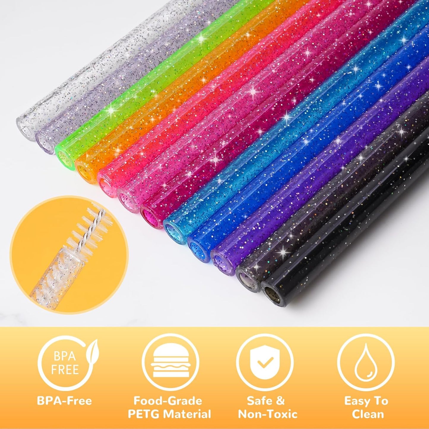 NiHome 12-Pack Glitter Replacement Straws for Stanley Tumbler 40OZ & 2 Cleaning Brushes Set, 12" Length BPA-Free Durable PETG Material for Various Beverages & Cups, Adds Sparkle to Your Drinks (Clear)