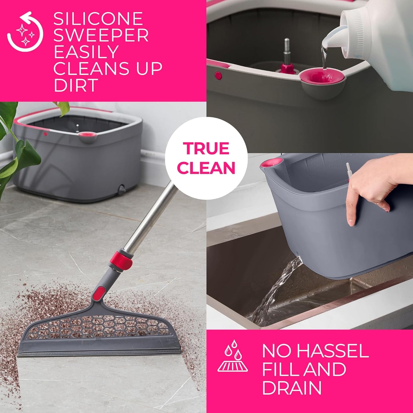 True & Tidy® True Clean Mop and Bucket System, Includes Square Spin, Dual Compartment Mop Bucket and 2 Thick Machine Washable Pads New Upgraded with Side Brush & Self Standing Handle, Rose