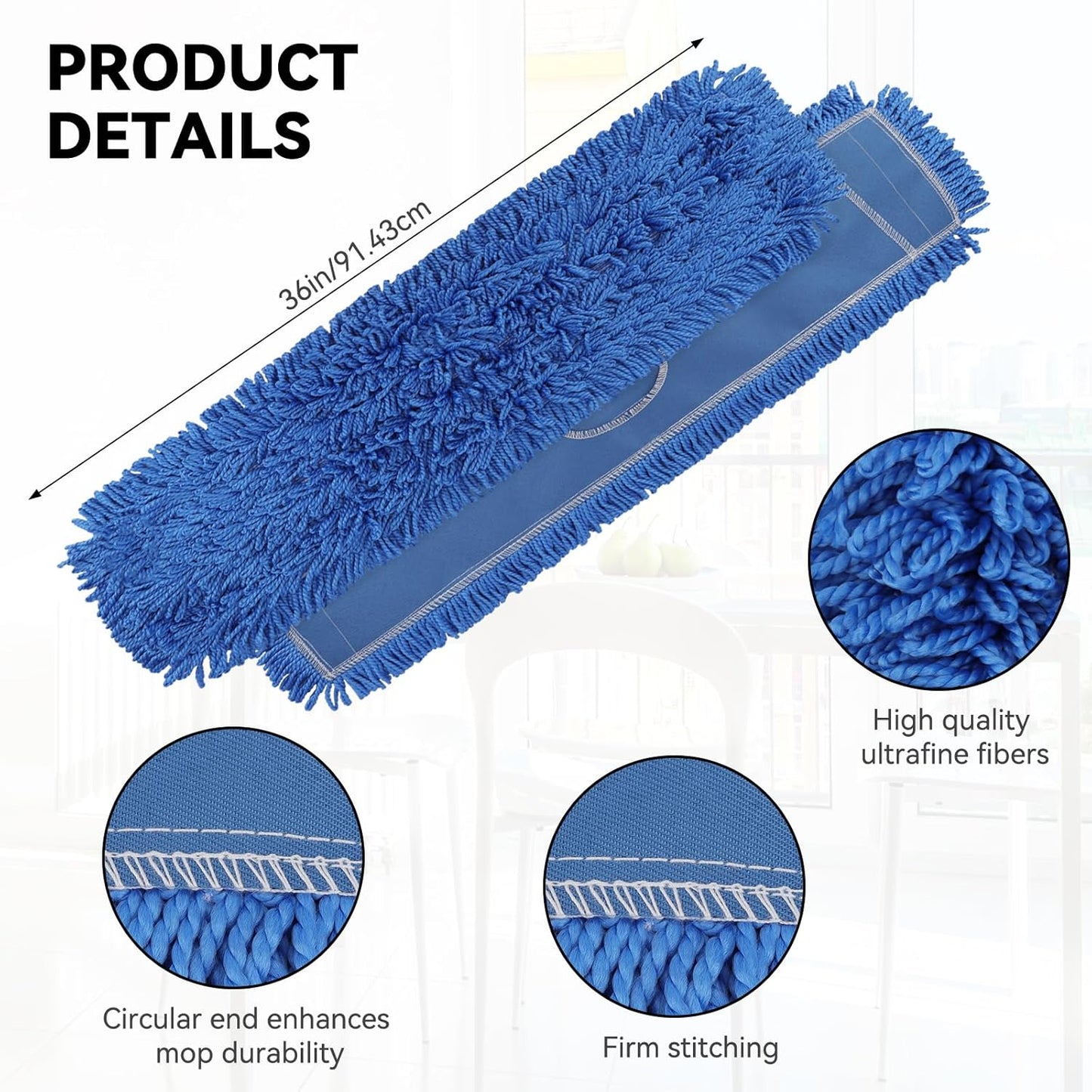 3 Pack 24 Inch Microfiber Dust Mop Head, Medium Washable Commercial Sweeper and Janitorial, Blue