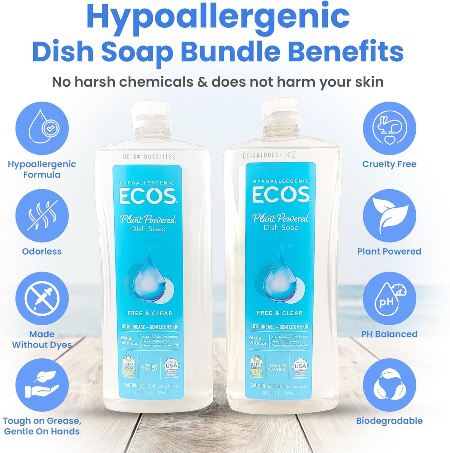 Unscented Dish Soap Liquid Hypoallergenic Cleaning Pack with 1 Natural Sisal Dish Scrub Brush & 2 Unscented Clear Liquid Dishwashing Soap With Biodegradable Formula (3 Items)