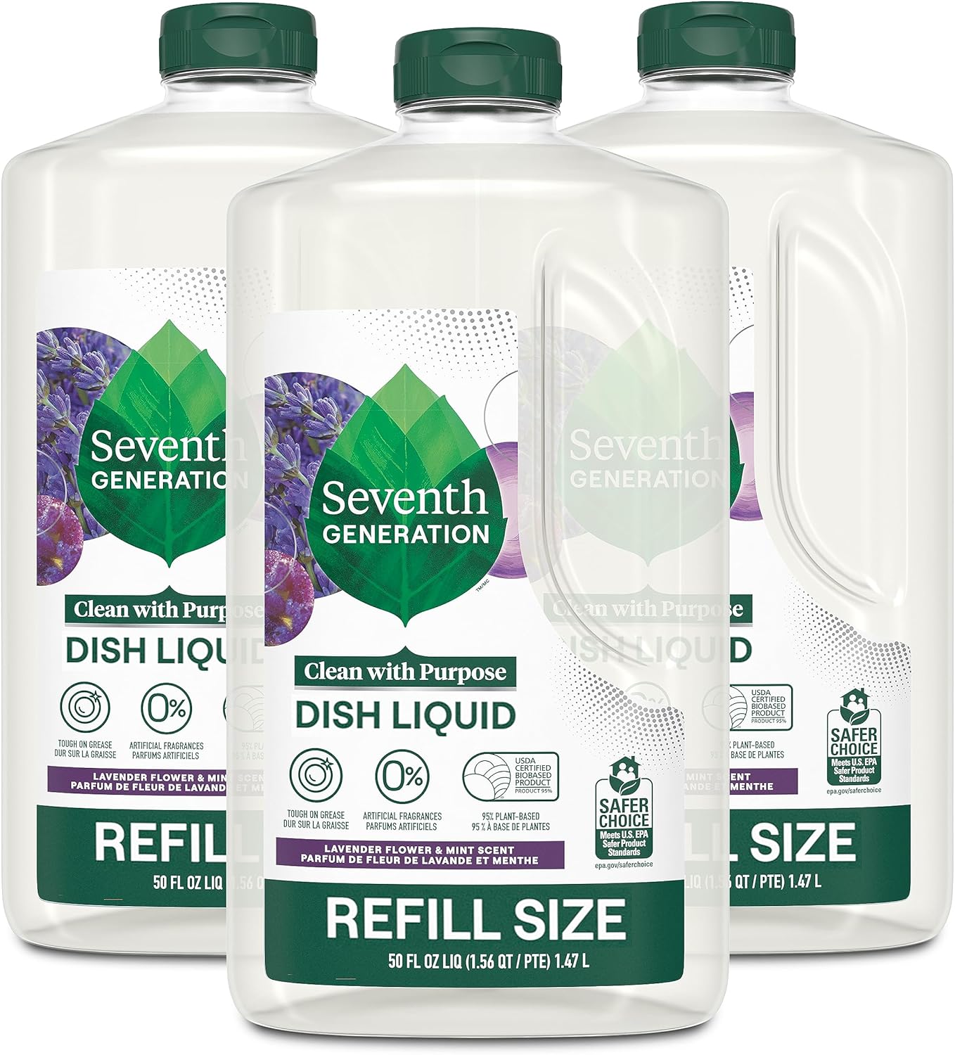 Seventh Generation Dish Soap Refill, Free & Clear, 50 fl oz, 3 Pack, Plant-Based Dishwashing Liquid for Grease & Tough Food Messes, For Sensitive Skin