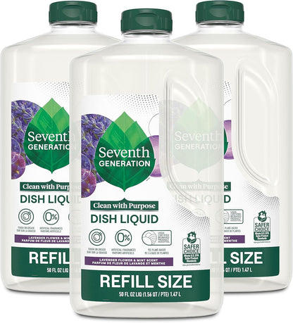 Seventh Generation Dish Soap Refill, Free & Clear, 50 fl oz, 3 Pack, Plant-Based Dishwashing Liquid for Grease & Tough Food Messes, For Sensitive Skin