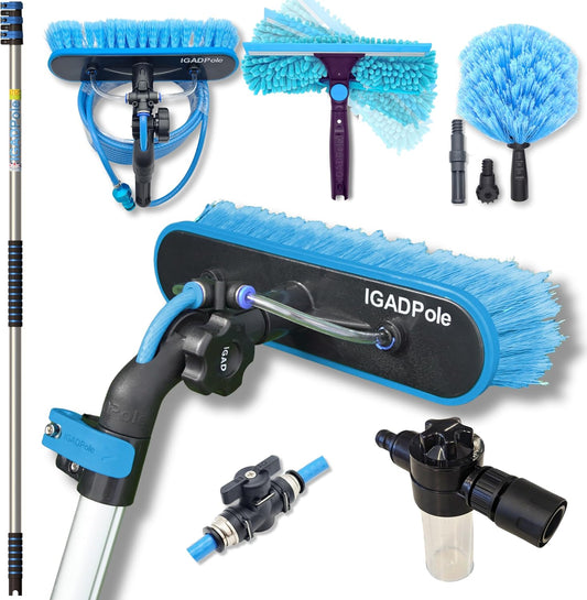IGADPole 24 FT Water-Fed Washing Kit with Soap-Dispenser, Brush, 10″ Squeegee & Cobweb Duster for Windows, Gutters, Solar Panels & Exterior Walls