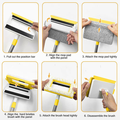 JEHONN Baseboard Cleaner Tool with Handle, 56 inches Base Boards Cleaning Mop Scrubber, 1 Stiff Bristles Brush, 2 Chenille and 2 Microfiber Pads, Wall Duster for Floorboard Ceiling Window Tile