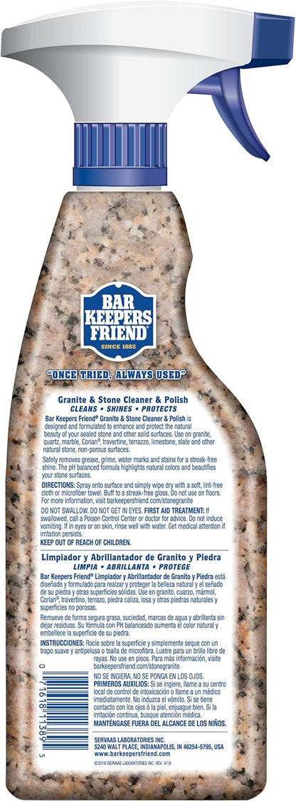 Bar Keepers Friend Stone & Granite Cleaner and Polish (25.4 oz) Plus 1 Microfiber Cloth, 2pc Cleaning Kit, Multi Surface Cleaner for Use on Natural, Manufactured & Polished Stone Countertops