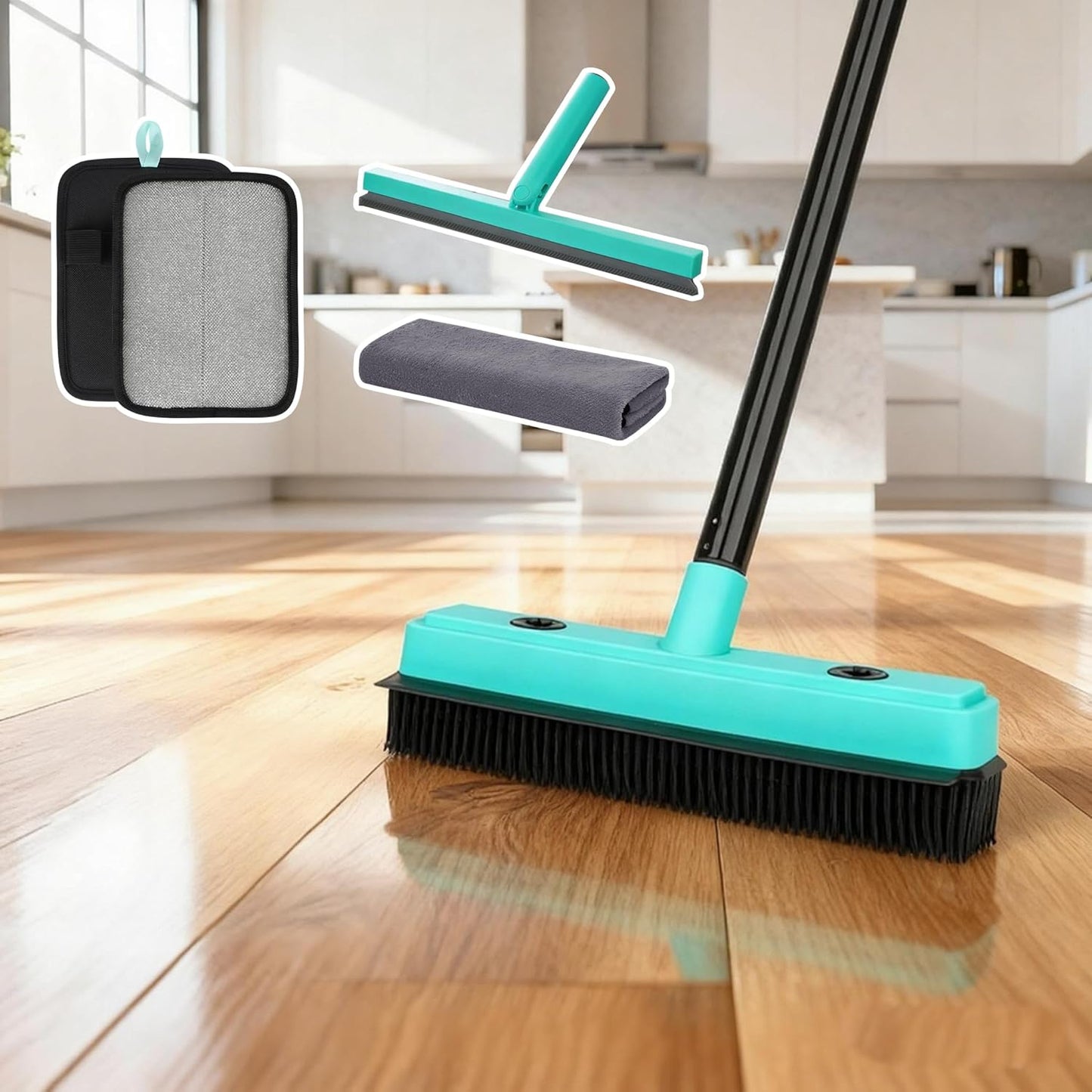 Rubber Broom Carpet Rake with Air Broom,Reusable Strong Grooming Gloves, for Carpet Pet Hair Remover Hardwood Floor, Cleans Glass, Fine Dust, Hair, Liquid