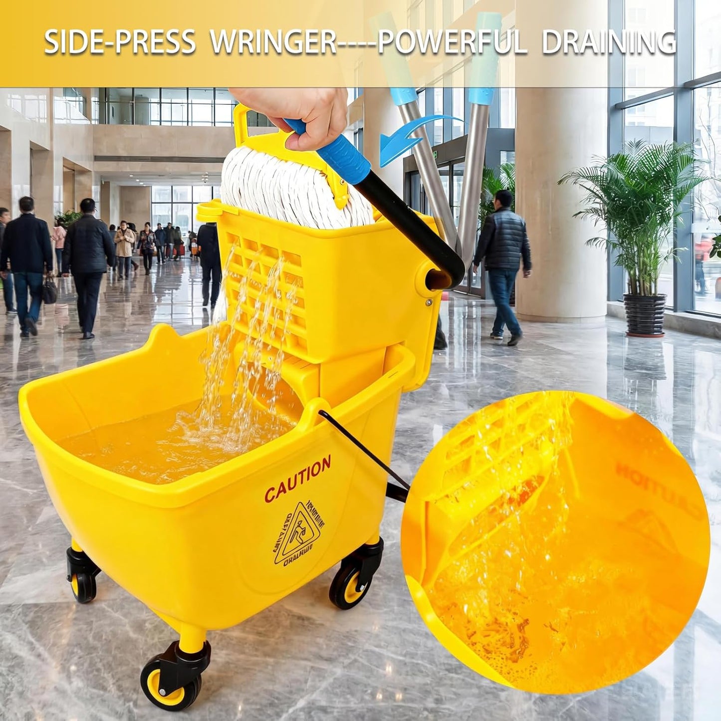 33 Qt Commercial Mop Bucket, with Side-Press Wringer on Wheels. Includes an Industrial Mop. Yellow Industrial Mop Bucket, Suitable for Home, Commercial, Restaurant Cleaning