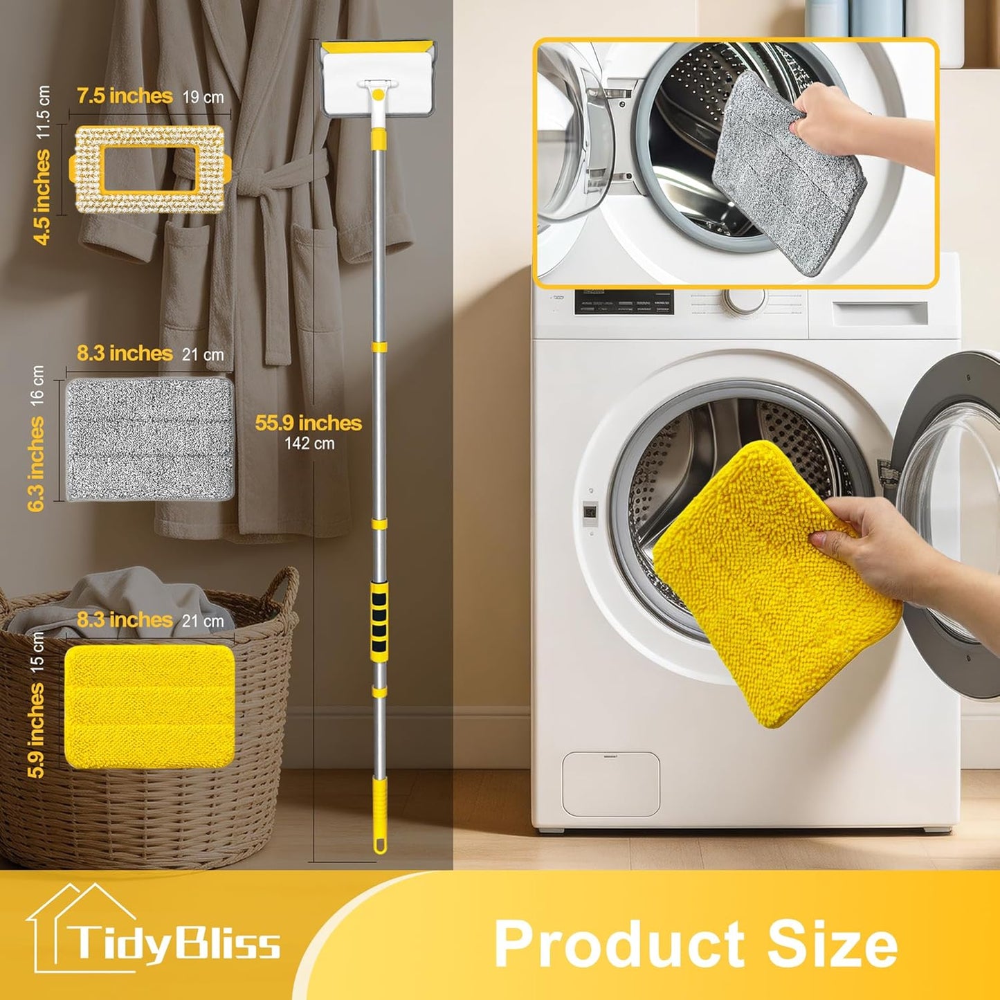Baseboard Cleaner Tool with Handle, 55.9” Long Wall and Base Board Cleaning Mop, 4 Reusable Pads, 1 Stiff Bristle Scrubber Brush for Floorboard Ceiling Cabinet Window Bathroom (Yellow)