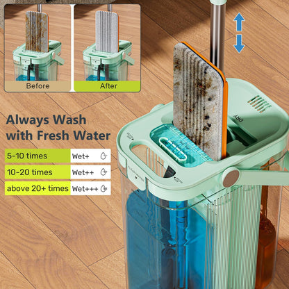 HoMettler 3-Tank Transparent Mop and Bucket Set with Separate Dirty & Clean Water, 65" Flat Mop for Floor Cleaning, 4 Machine Washable Microfiber Pads for Wood Tile - Green