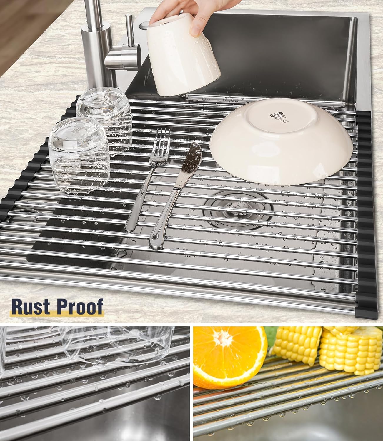 Tomorotec 17.7" x 15.5" Roll Up Dish Drying Rack Over Sink Drying Rack Sink Cover Kitchen Sink Accessories Gadget Multipurpose Organizer Foldable Stainless Steel Drainer (Grey)