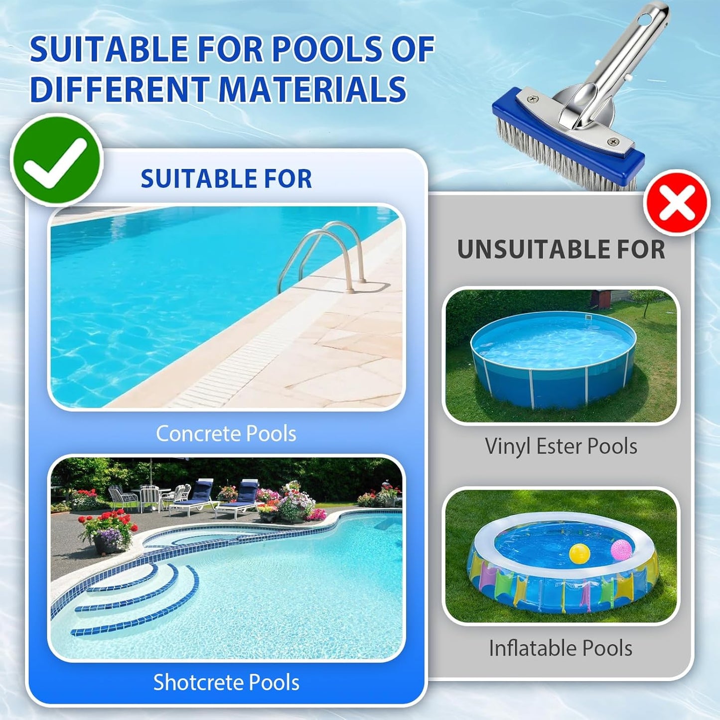 5-Inch Pool Brush Head - Combo Nylon & Stainless Steel Wire Bristles, Heavy Duty Metal Pool Brushes for Extra Scrubbing Power, for Cleaning Inground Pool Tiles, Concrete, Walls, Floor, Steps, Corners