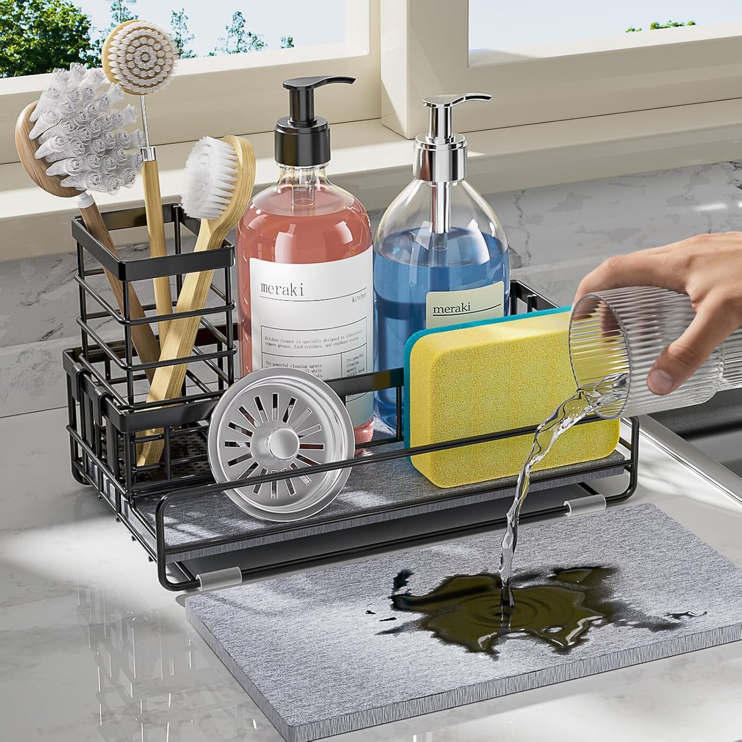 Large Family-Sized Sponge Holder for Kitchen Sink Organizer - Sink Caddy with Instant Drying Stone, Stainless Steel Sponge Holder for Sponges, Scrubbers, Soap, Home Countertop Organizer