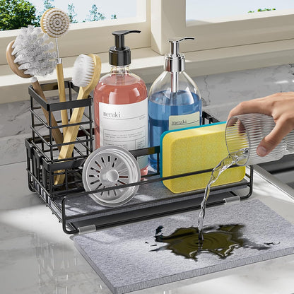 Large Family-Sized Sponge Holder for Kitchen Sink Organizer - Sink Caddy with Instant Drying Stone, Stainless Steel Sponge Holder for Sponges, Scrubbers, Soap, Home Countertop Organizer