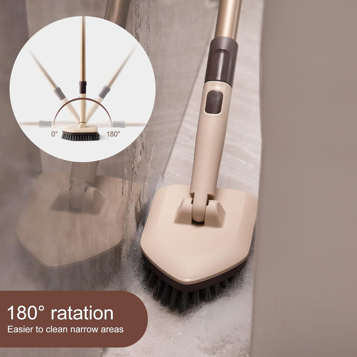 Eyliden Shower Scrubber with Long Handle, Tub Scrubber Brush with 180° Swivel Head for Bathroom, Tile, Bathtub, Grout, Sink, 2 Type Cleaning Heads - 1 Stiff Bristle & 2 Non-Scratch Pads