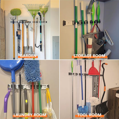 reliahom Adjustable Broom Holder Wall Mount, Mop Storage Tool Racks, Broom Hanger Tool Organizer for Garage, Kitchen, Garden, Laundry Room, 4 Racks 5 Hooks Silver