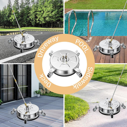 14" Pressure Washer Surface Cleaner with 4 Wheels, Stainless Steel Housing, 4000 PSI Max, 3 Connect Nozzles & 2 Extension Wands, Pressure Washer Surface Cleaner for Concrete, Patios, Sidewalks