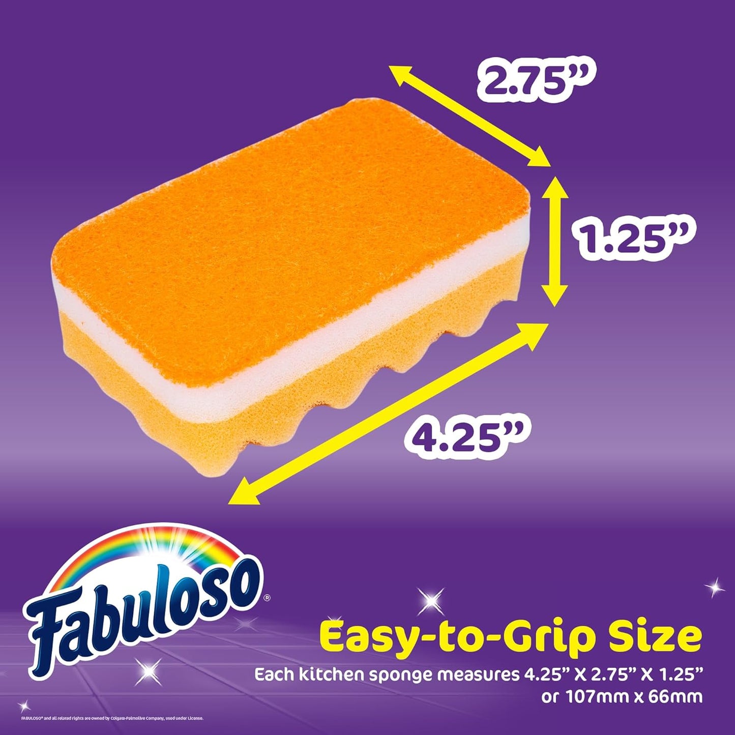 Fabuloso Scratch-Free Kitchen Dish Sponges, Purple Cellulose Scrubber Sponge with Scouring Pad for Dishes, Pots, Pans, Counters and Sinks, Tough on Messes, 4.25 x 2.75 x 1.25 in, 6 Count