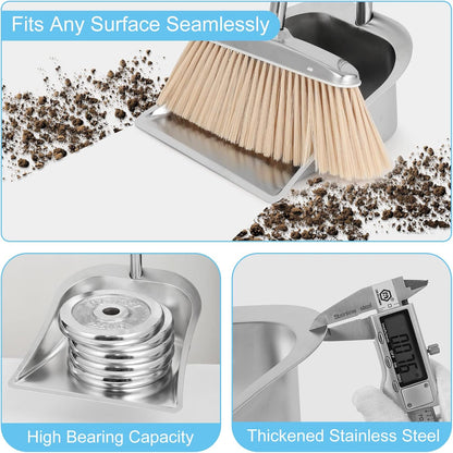 VOOWO Heavy Duty Broom and Dust pan Set, Stainless Steel Broom and Dustpan Set with Long Handle, Broom with Dustpan Set for Home Standing Dust Pan Indoor Outdoor Brooms Dustpan