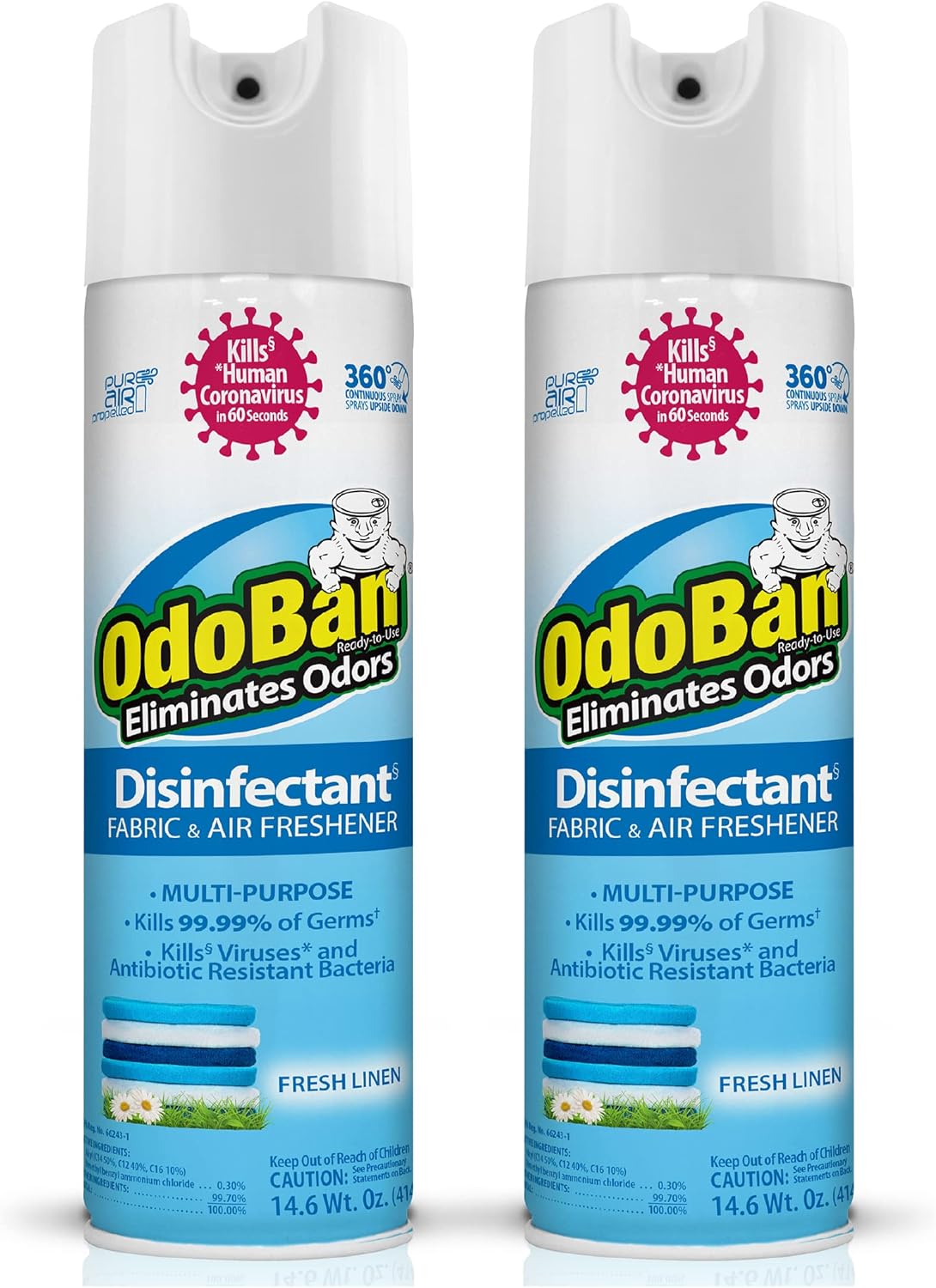 OdoBan Ready-to-Use 360-Degree Continuous Spray Disinfectant and Harsh Aroma Eliminator, Fabric and Air Freshener, 4 Pack, 14.6 Ounces Each, Fresh Linen Scent