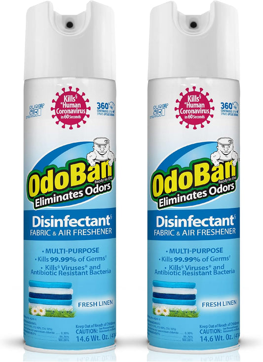 OdoBan Ready-to-Use 360-Degree Continuous Spray Disinfectant and Harsh Aroma Eliminator, Fabric and Air Freshener, 4 Pack, 14.6 Ounces Each, Fresh Linen Scent