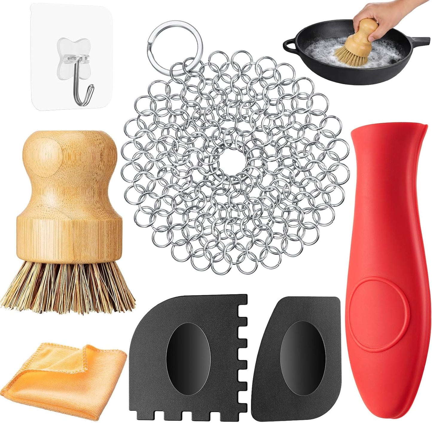 Patelai 7 Pieces Cast Iron Cleaner Set Include Stainless Steel Chainmail Scrubber with Bamboo Dish Scrub Brush Hot Handle Holder 2 Pan Grill Scrapers Kitchen Towel Wall Hook (Bright Color)