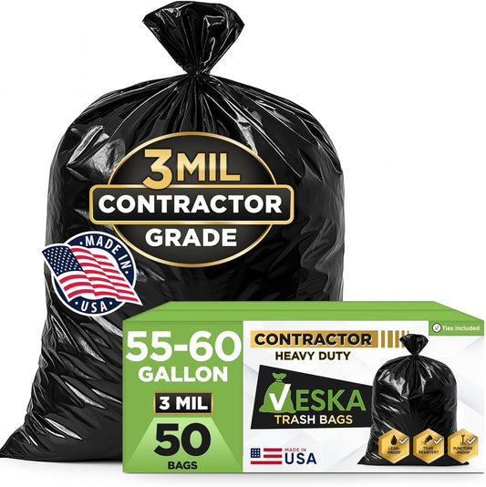 Veska Contractor Garbage Bags 55 Gallon 3 MIL Heavy Duty (MegaValue 50 Bags w/Ties) Contractor Trash Bags 50-60 Gallon 3 Mil Contractor Bag Heavy Duty 55 Gallon, Extra Large Industrial Contractor