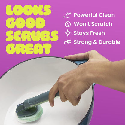 Brite by Scotch-Brite Palm Scrubber with Drain + Dry Stand, Household and Kitchen Sponge for Washing Dishes with Comfy Grip, 1 Scrub Sponge with Soap Dispenser
