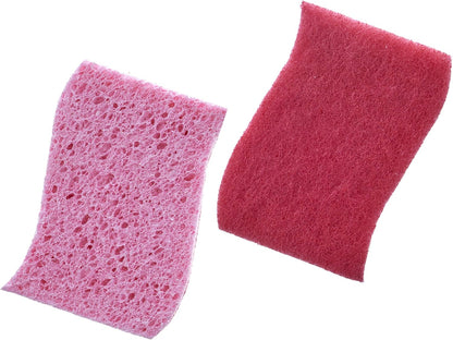 Non-Scratch Cellulose Sponge Kitchen Scrub Sponge with Scouring Pad Set, Good for Non-Stick Cookware Frying Pan, Pot, Counter Top, Sink Scrubbing, Kitchen Scrubbers, Pack of 2, (Red/Pink)
