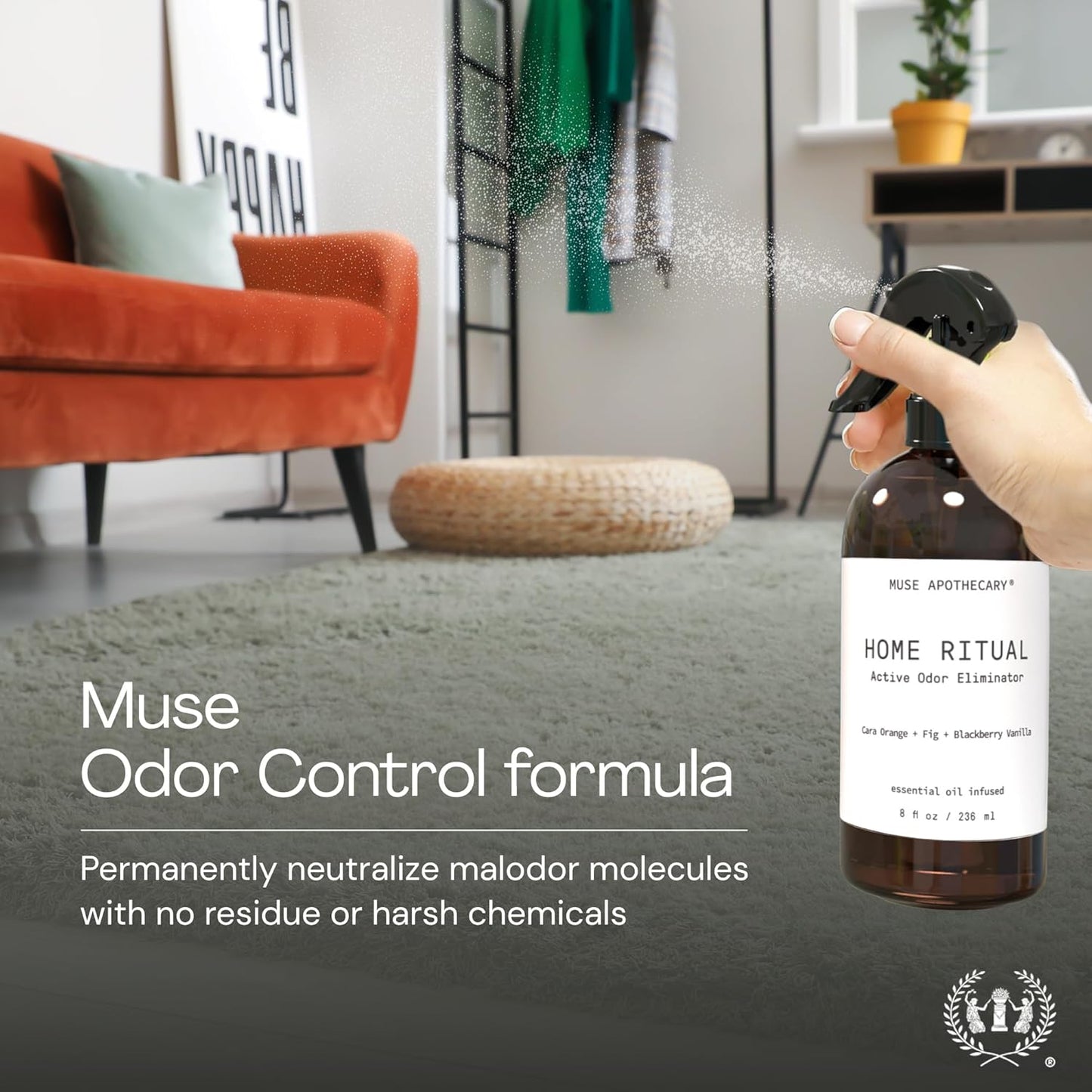 Muse Apothecary Home Ritual Active Odor Eliminator Spray - Furniture Deodorizer Spray & Bathroom Odor Eliminator for Home - Essential Oil Air Freshener - 4oz, Fresh Linen