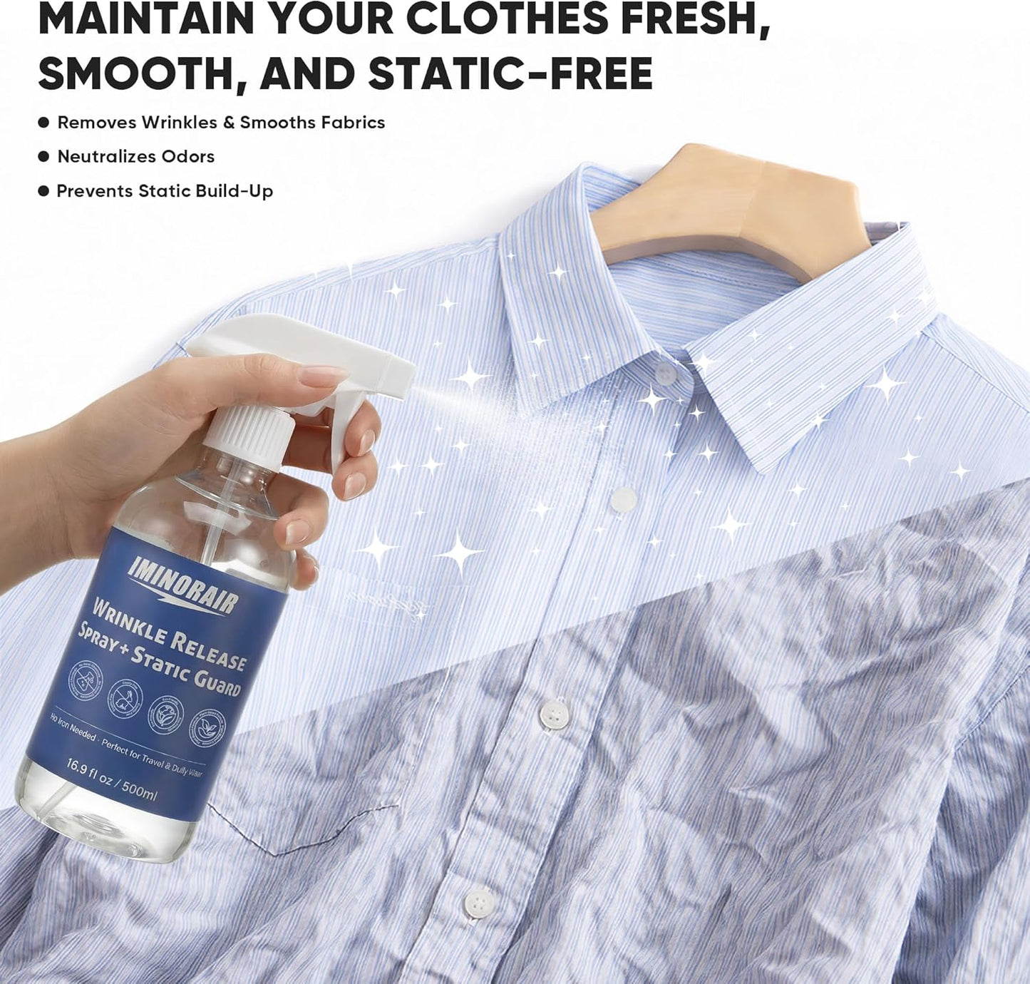 Wrinkle Releaser Spray, Anti Static Spray and Instant Wrinkle Release for Clothes, All in One Formula, Odor Eliminator and Fabric Refresher Spray (16.9 Fl Oz + 4.06 Fl Oz)